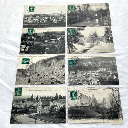 1910s French Postcard Lot - 8 vintage black and white postcards featuring diverse village scenes and landscapes.