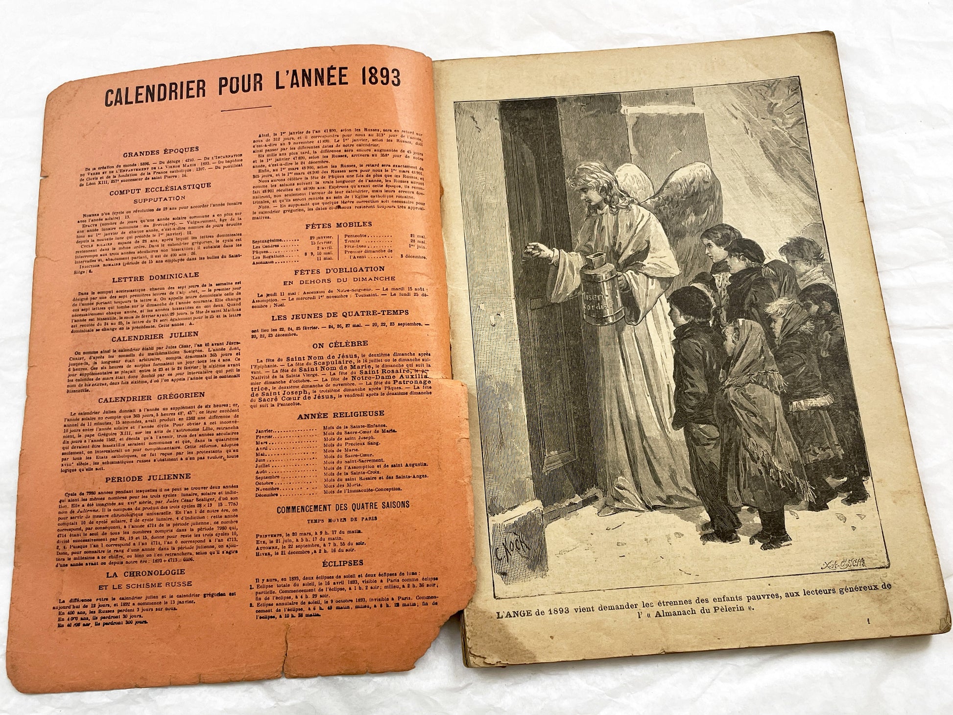Late 19th - 1893 French Almanach du Pelerin - Antique Illustrated Catholic Almanac Book - Religious Calendar - Historical Publication