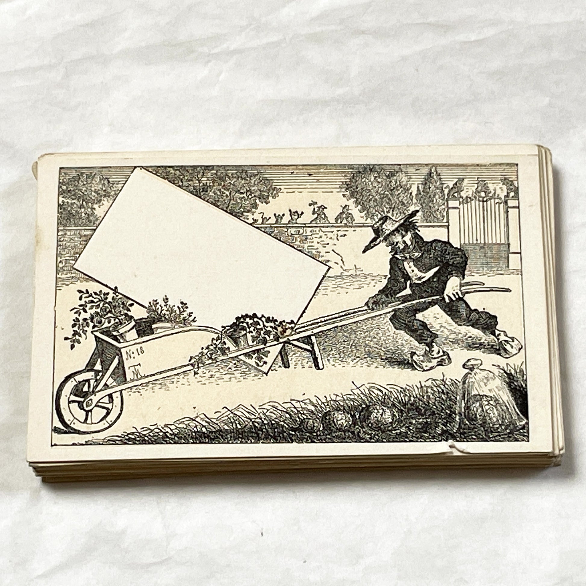 Late 19th - Antique Carte à Devise Fancy Card - Gardener with Wheelbarrow - Customizable Business Advertisement - Victorian Ephemera