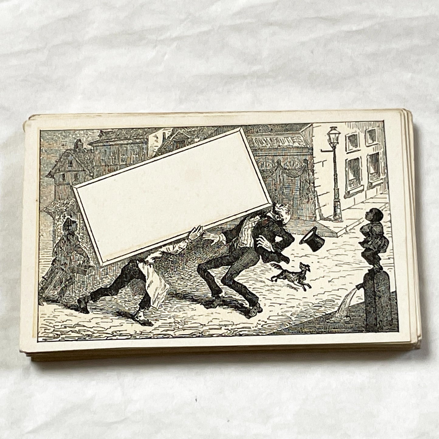 Late 19th - Humorous Victorian Advertising Motto Card - Customizable Blank Sign - Street Scene with Struggling Men and Dog - Ephemera
