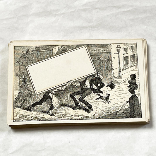 Late 19th - Humorous Victorian Advertising Motto Card - Customizable Blank Sign - Street Scene with Struggling Men and Dog - Ephemera