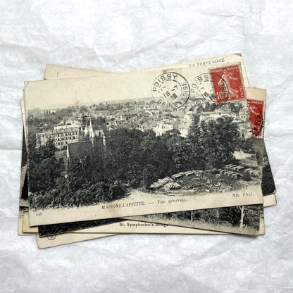 Lot of 8 1910s French postcards showing various historic town views, architecture, and landscapes with stamps.