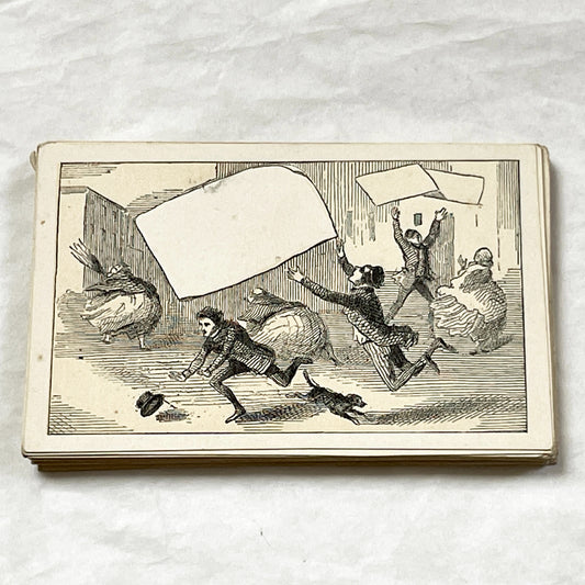 Late 19th - Humorous Fancy Trade Card - Dynamic City Scene - Wind Swept Blank Message Area - Vintage Advertising Memorabilia - Ephemera