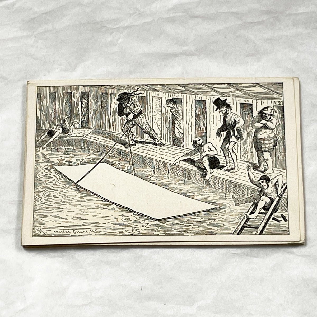 Late 19th - Humorous Antique Fancy Card - Victorian Era Bathing Scene - Customizable Blank Space for Advertising - Gillot Process Print