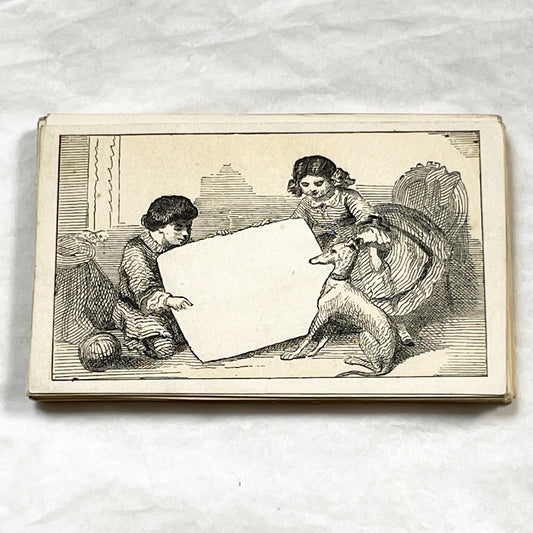 Late 19th - Fancy Advertising Card - Customizable Devise Card - Two Children And A Dog - Blank Space For Personalization