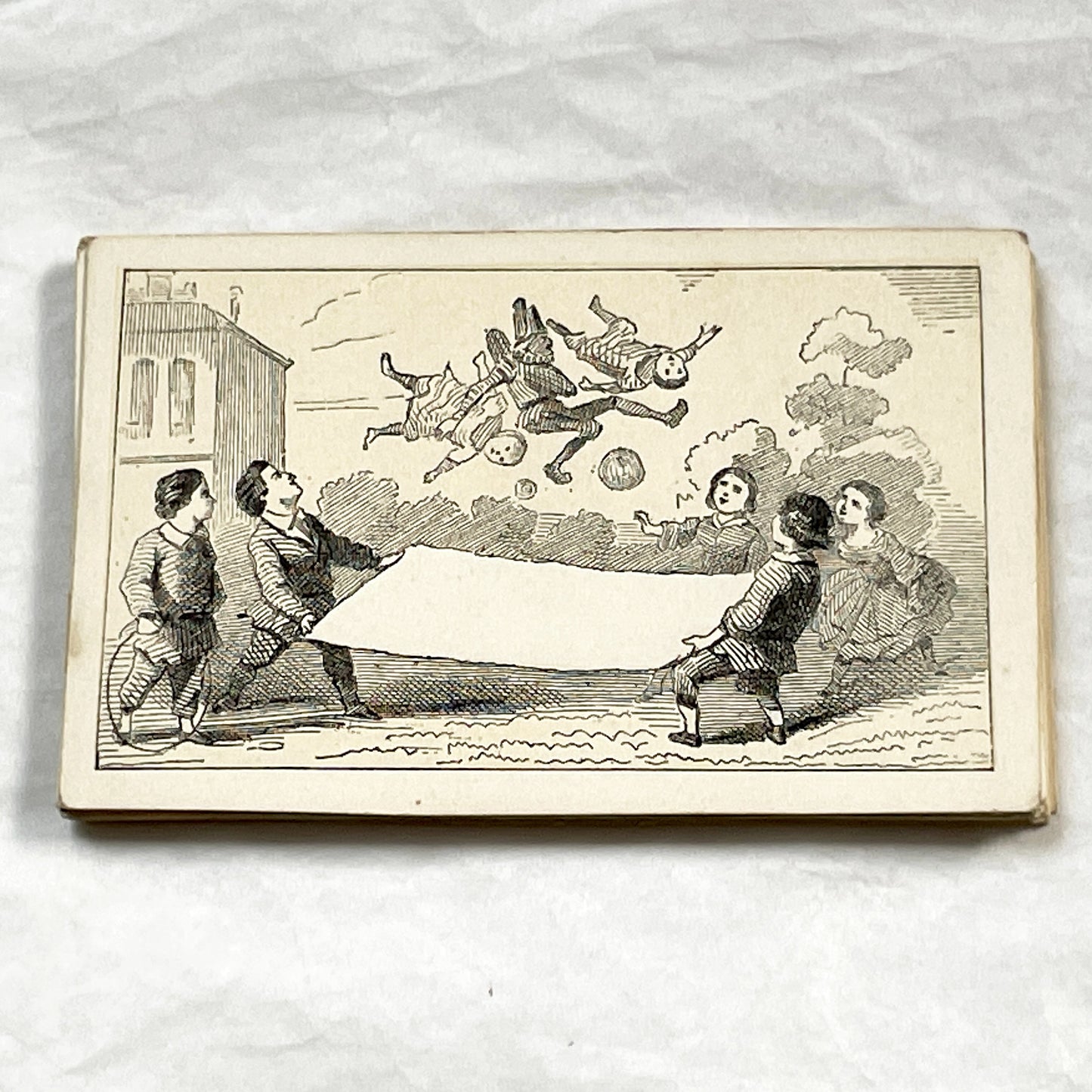 Late 19th - Vintage Fancy Card - Engraved Children Playing - Customizable Motto Card - Blank Space for Print - Antique Ephemera
