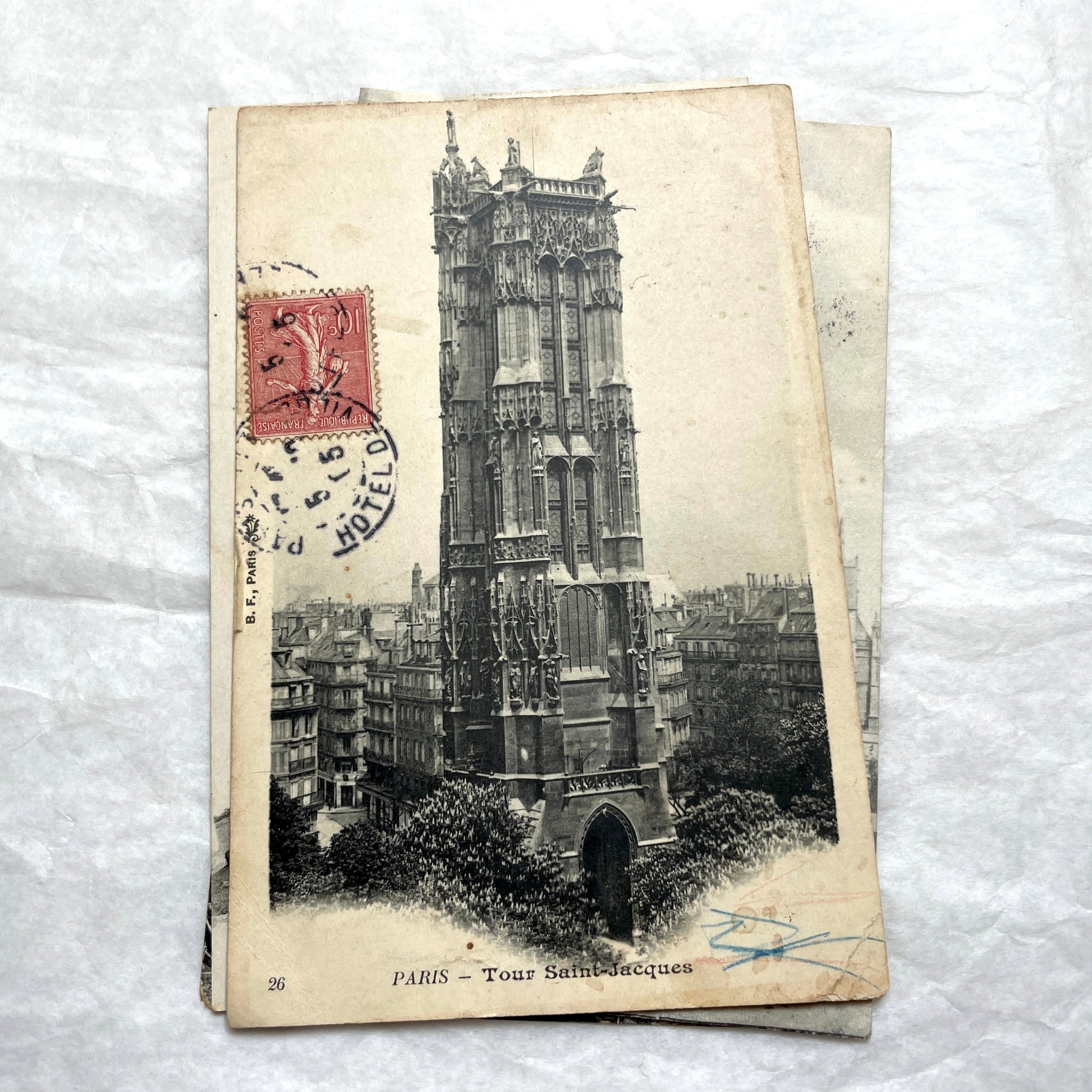 Four 1900s vintage postcards featuring detailed black and white views of European Gothic cathedrals and iconic towers.