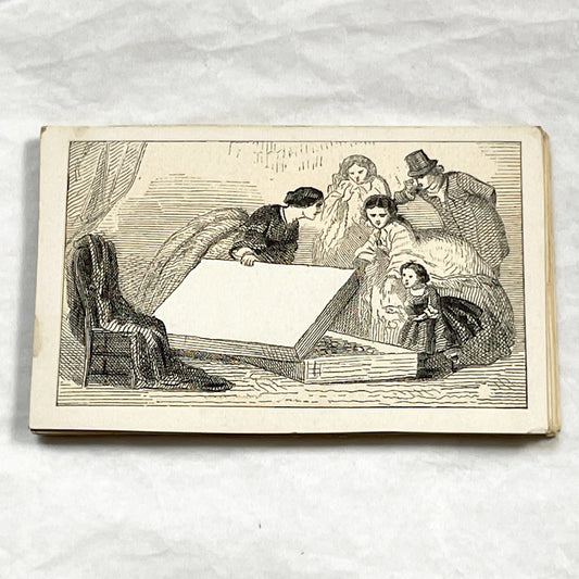 Late 19th - Customizable Victorian Fancy Card - Family Gathering Around a Gift Box - Blank Space for Advertisement or Message