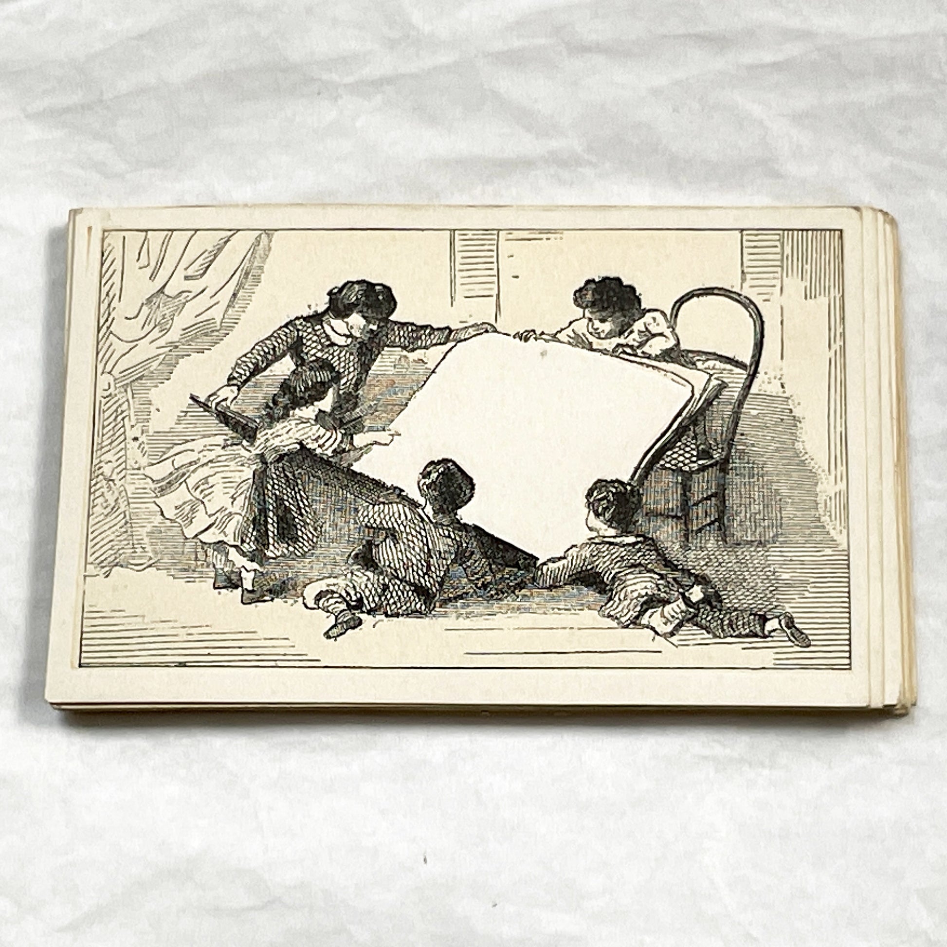 Late 19th - Antique Fancy Card - Victorian Era Motto Card - Unused Family Scene - Blank Space for Personalization - Collectible Ephemera