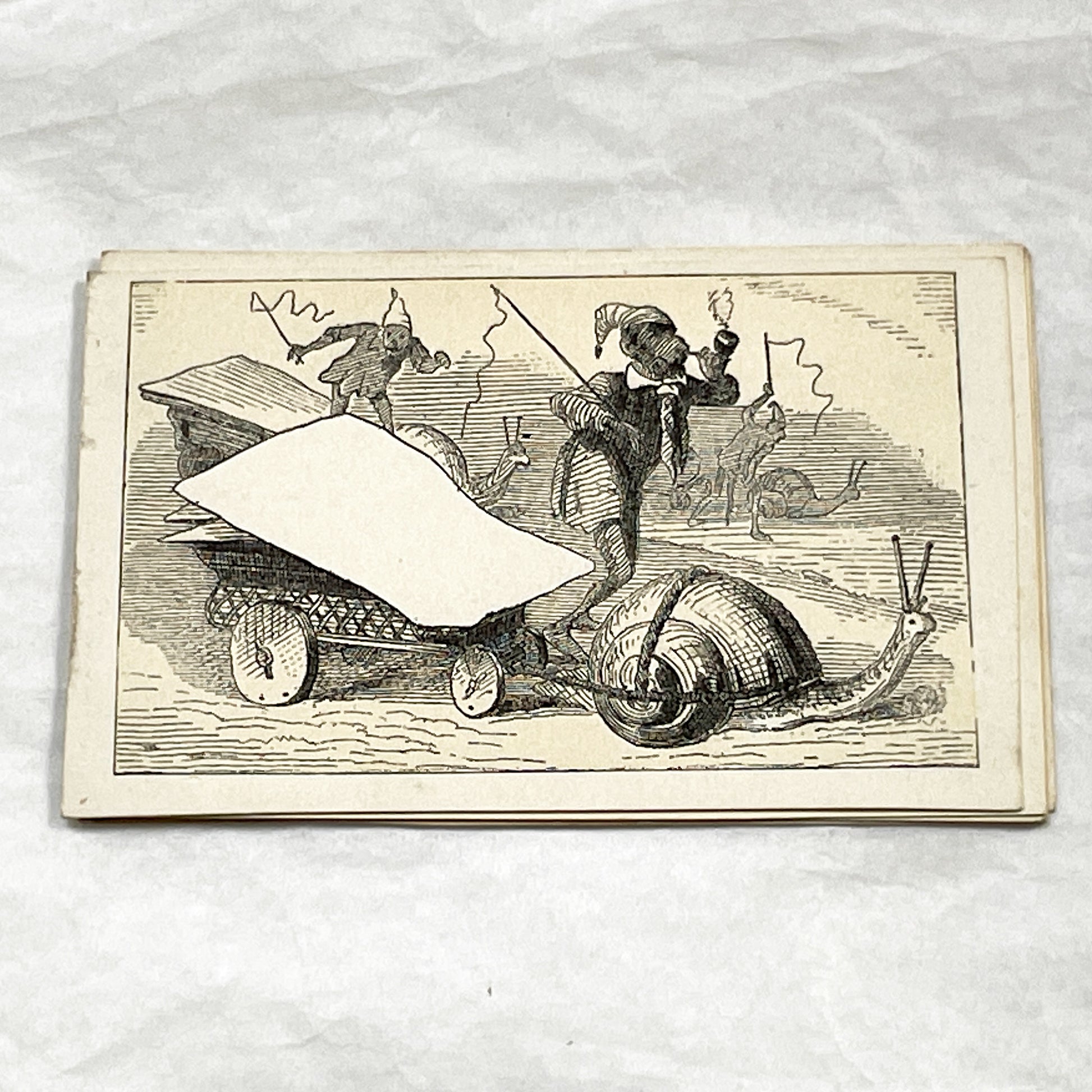 Late 19th - Humorous Fancy Card with Snail-Drawn Carriage - Whimsical Victorian Advertising Ephemera - Collectible Antique Art