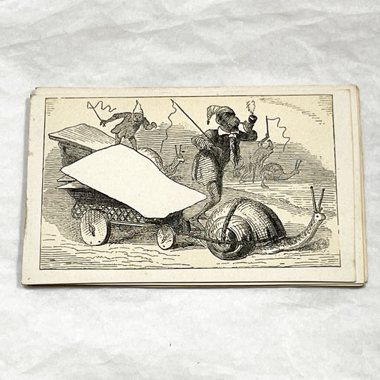 Late 19th - Humorous Fancy Card with Snail-Drawn Carriage - Whimsical Victorian Advertising Ephemera - Collectible Antique Art