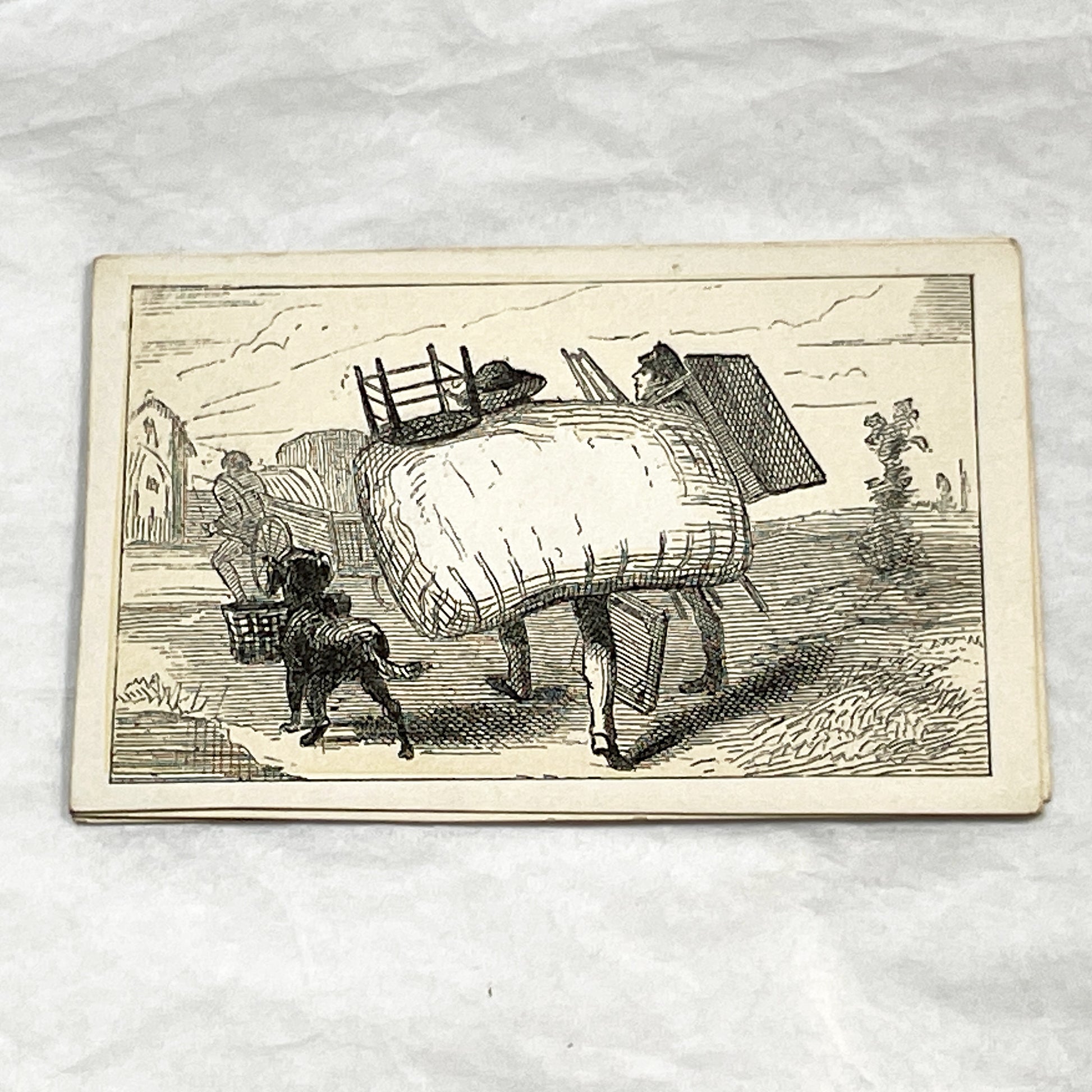 Late 19th - Fancy Card - Customizable Trade Card with Humorous Burdened Man and Dog - Vintage Motto Card - Advertising Ephemera