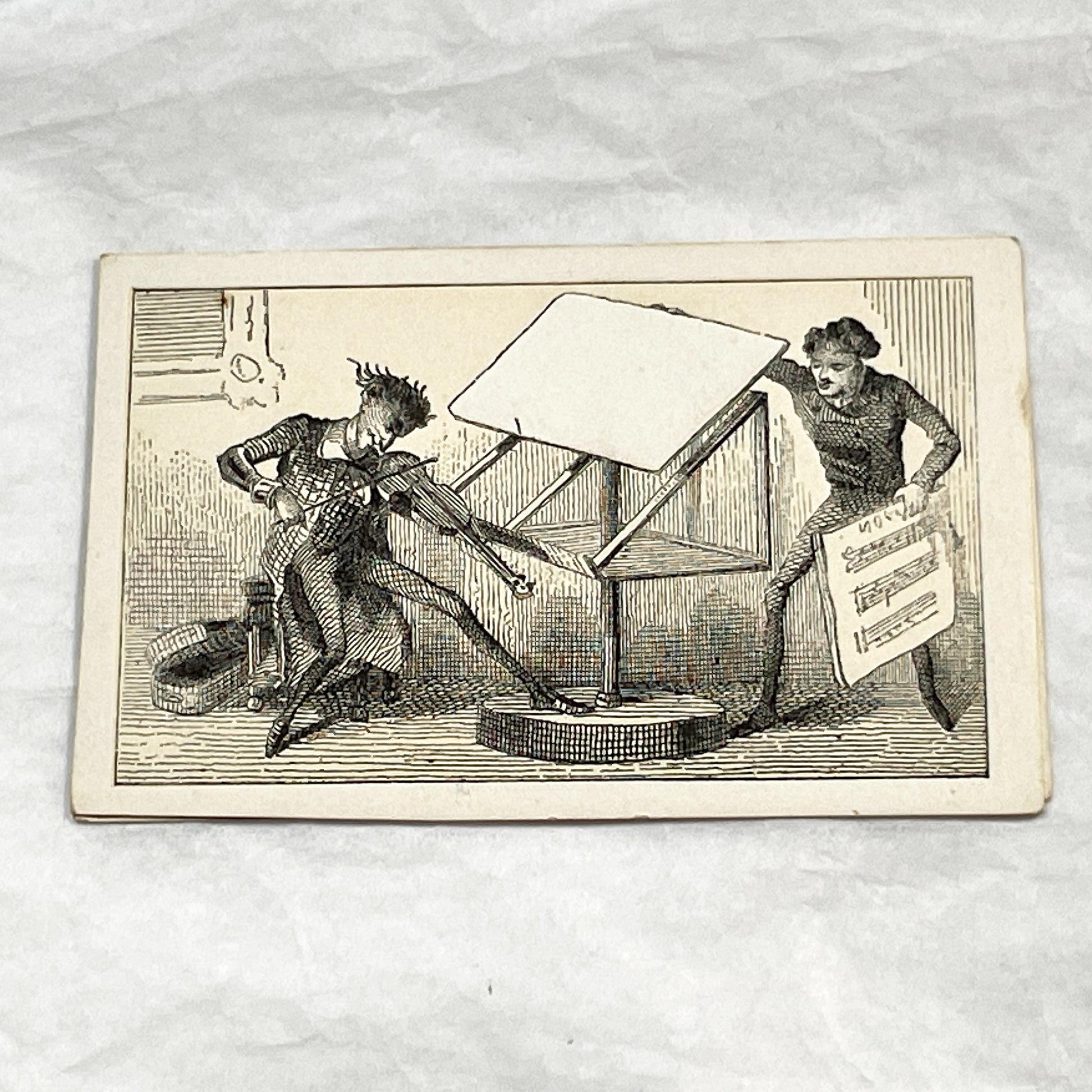 Late 19th - Humorous Musicians Trade Card - Vintage Advertising Motto Card with Blank Space - Victorian Era Fancy Card Collectible Print