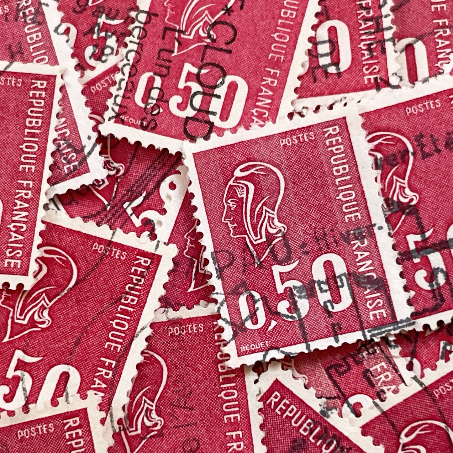 1970s - Set of 50 French Postage Stamps - Marianne Bequet Design - 0.50 Francs - Vintage Philatelic Collectibles - French Republic Postal