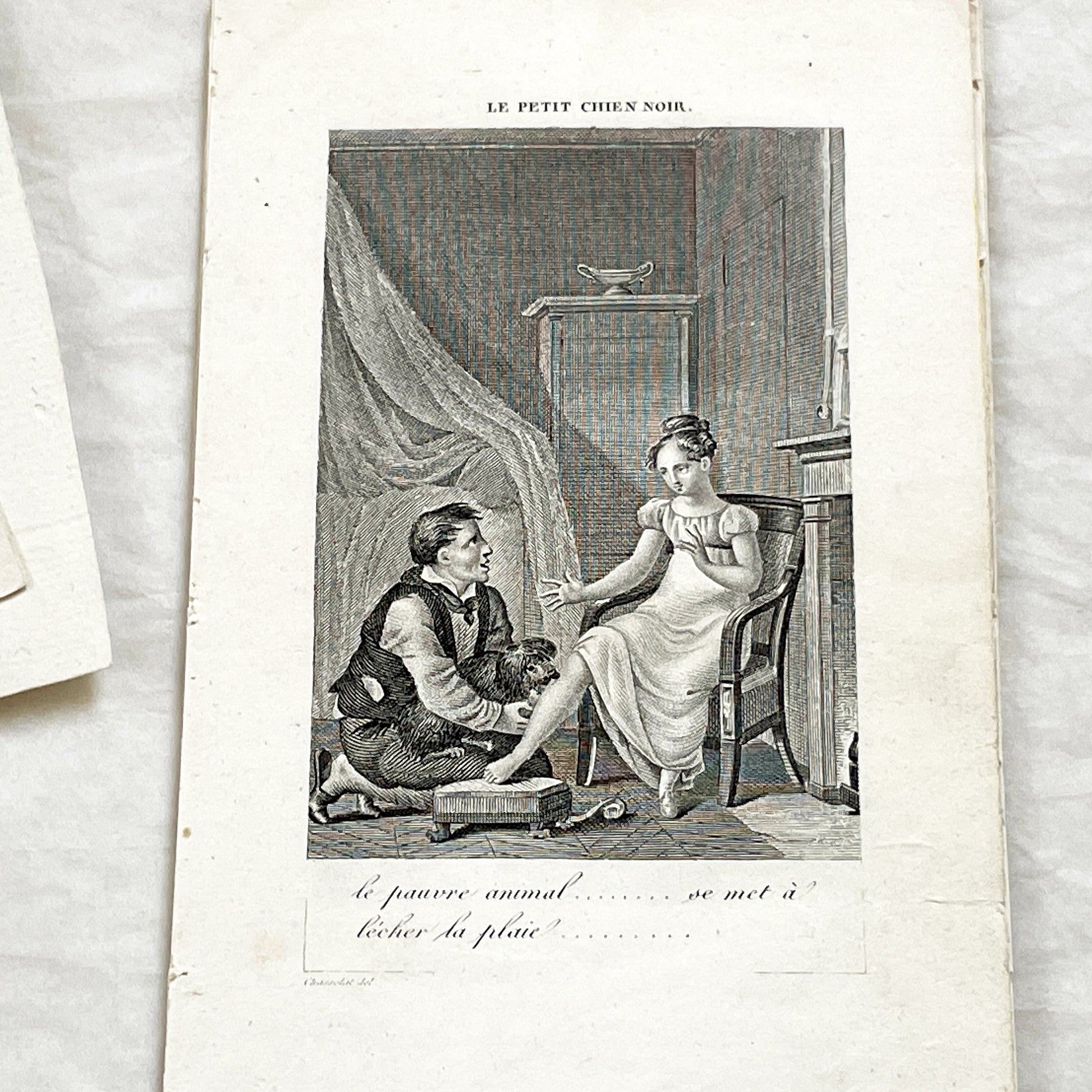Early 19th - Captivating French Engraving depicting a domestic scene from 'Le Petit Chien Noir' - Antique Print - Literary Illustration