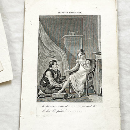 Early 19th - Captivating French Engraving depicting a domestic scene from 'Le Petit Chien Noir' - Antique Print - Literary Illustration