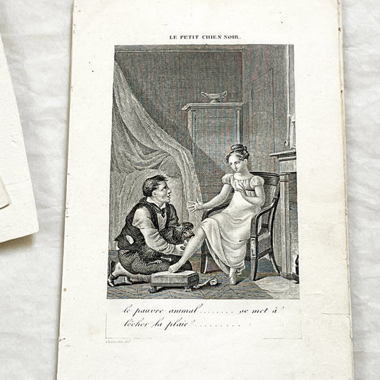 Early 19th - Captivating French Engraving depicting a domestic scene from 'Le Petit Chien Noir' - Antique Print - Literary Illustration