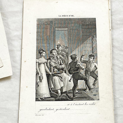 Early 19th - French Engraving with Hand-Coloring - 'La Pièce d'Or' Scene - Family - Children - Historical Art Print by Chasselat