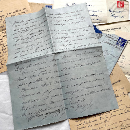 Lot of antique French letters from the 1930s, featuring handwritten notes, envelopes, and vintage stamps.