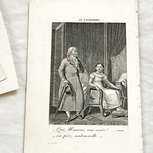 Early 19th - Antique French Print - Domestic Scene with Man and Woman - Elegant Fashion - Historical Costume - Fine Art Engraving
