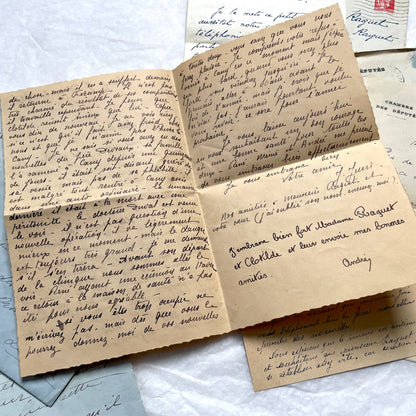 Lot of antique French letters from the 1930s, featuring handwritten notes, envelopes, and vintage stamps.