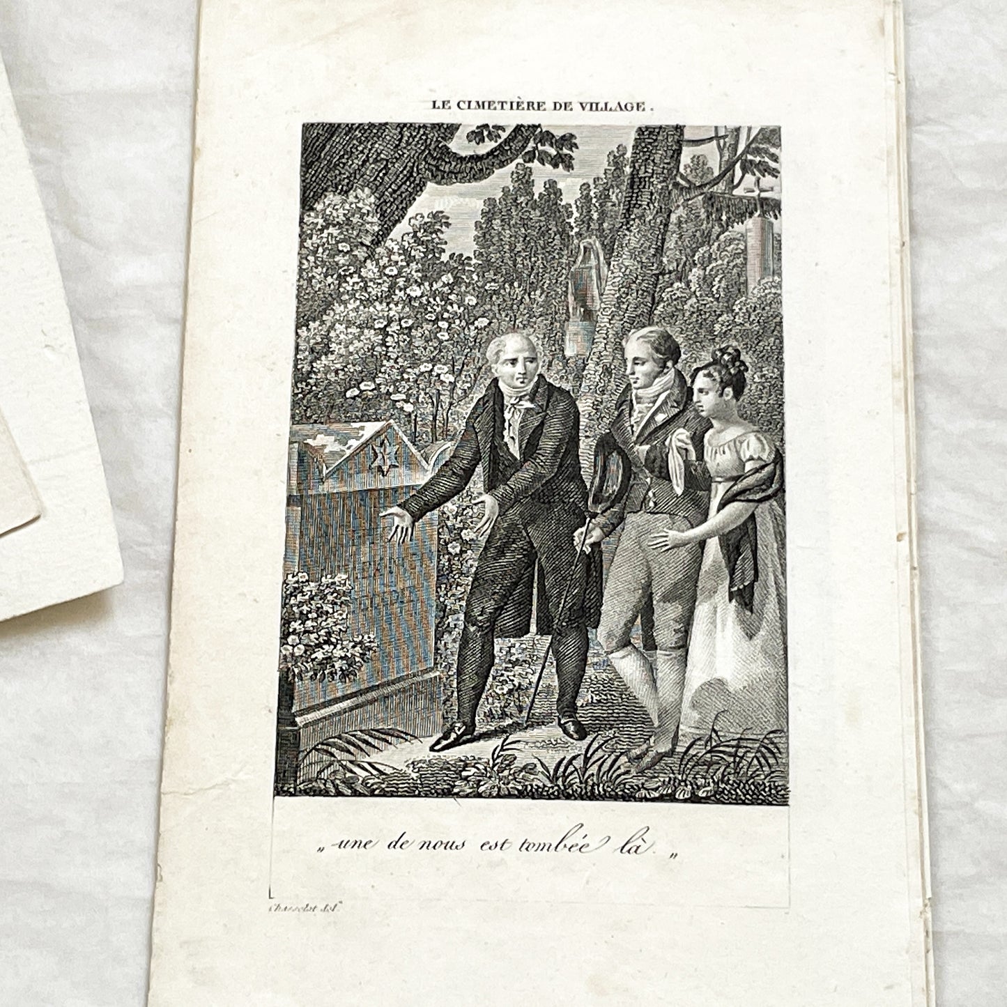 Early 19th - French Sentimental Engraving - Village Cemetery Scene - Historical Illustration of Love and Family Mourning