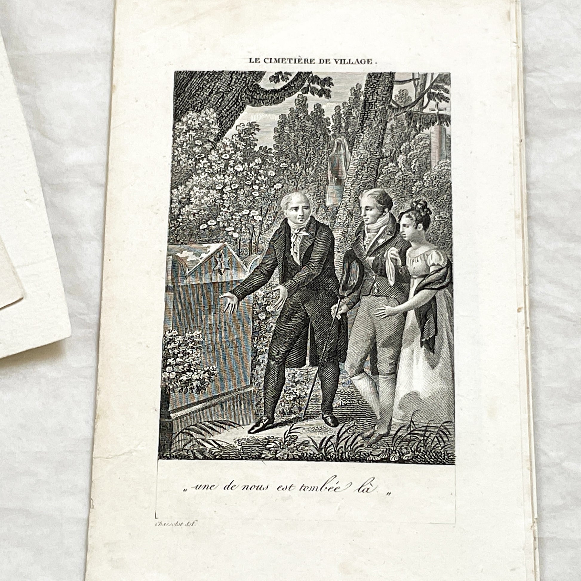 Early 19th - French Sentimental Engraving - Village Cemetery Scene - Historical Illustration of Love and Family Mourning