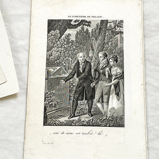 Early 19th - French Sentimental Engraving - Village Cemetery Scene - Historical Illustration of Love and Family Mourning