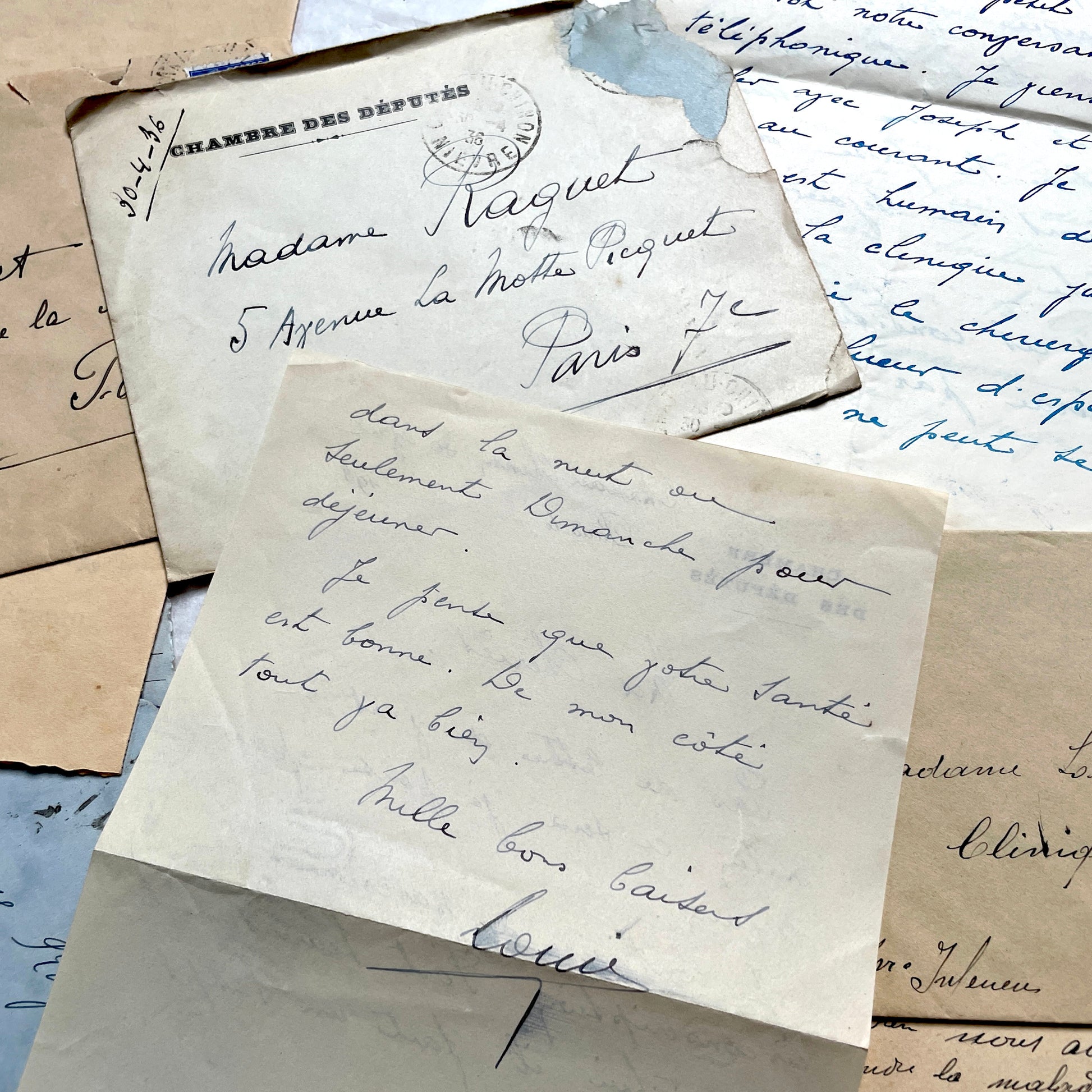 Lot of antique French letters from the 1930s, featuring handwritten notes, envelopes, and vintage stamps.