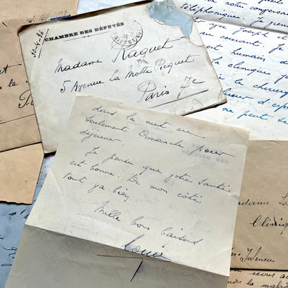Lot of antique French letters from the 1930s, featuring handwritten notes, envelopes, and vintage stamps.
