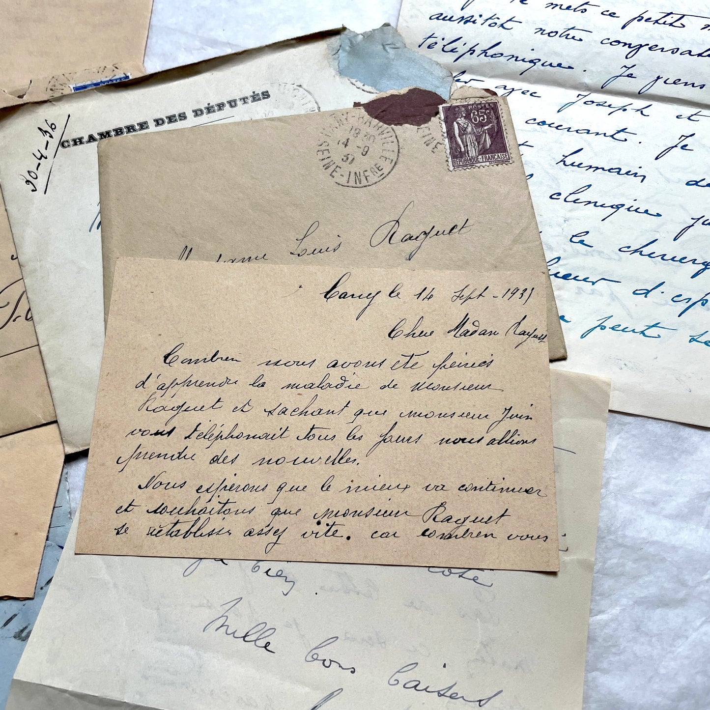 Lot of antique French letters from the 1930s, featuring handwritten notes, envelopes, and vintage stamps.