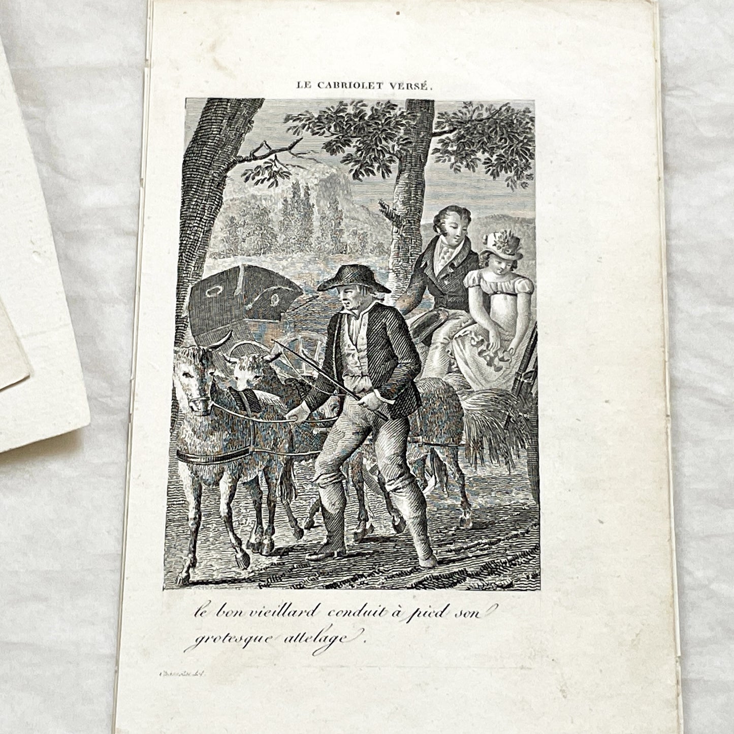 Early 19th - Antique French Print - Le Cabriolet Versé - Humorous Engraving - Rural Scene - Man Leading Donkey Cart - Passengers