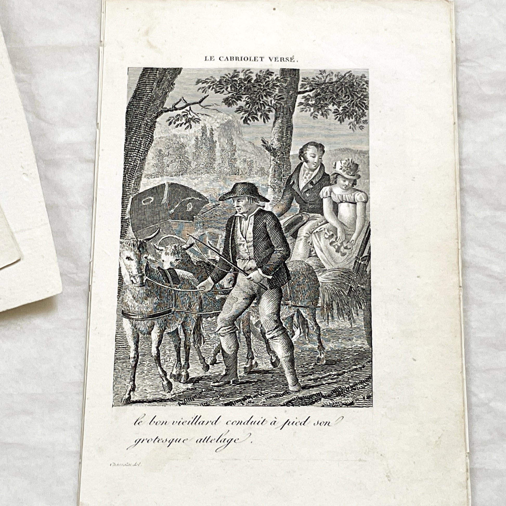 Early 19th - Antique French Print - Le Cabriolet Versé - Humorous Engraving - Rural Scene - Man Leading Donkey Cart - Passengers