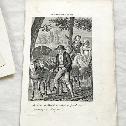 Early 19th - Antique French Print - Le Cabriolet Versé - Humorous Engraving - Rural Scene - Man Leading Donkey Cart - Passengers