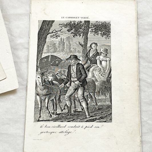 Early 19th - Antique French Print - Le Cabriolet Versé - Humorous Engraving - Rural Scene - Man Leading Donkey Cart - Passengers
