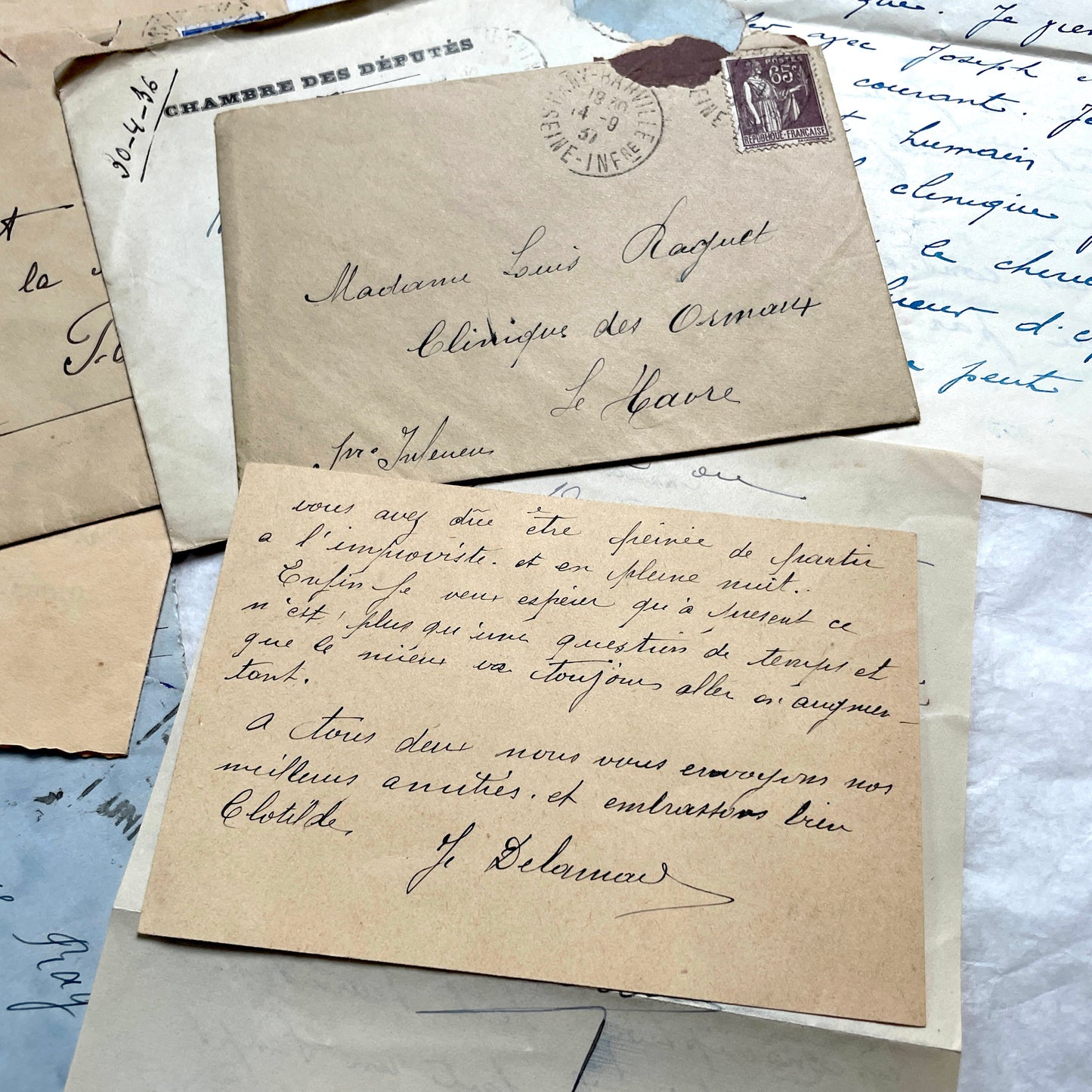 Lot of antique French letters from the 1930s, featuring handwritten notes, envelopes, and vintage stamps.
