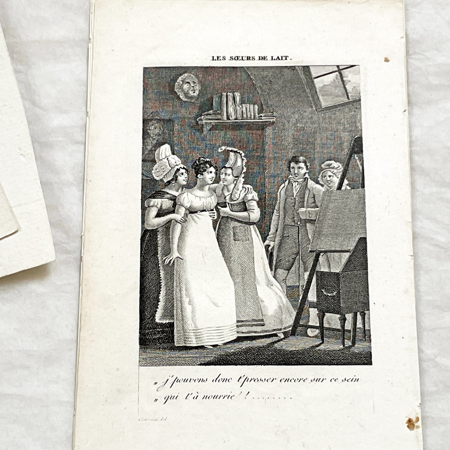 Early 19th - Antique French Print - Foster Sisters Reunion Engraving - Regency Fashion - Sentimental Bond - Historical Art