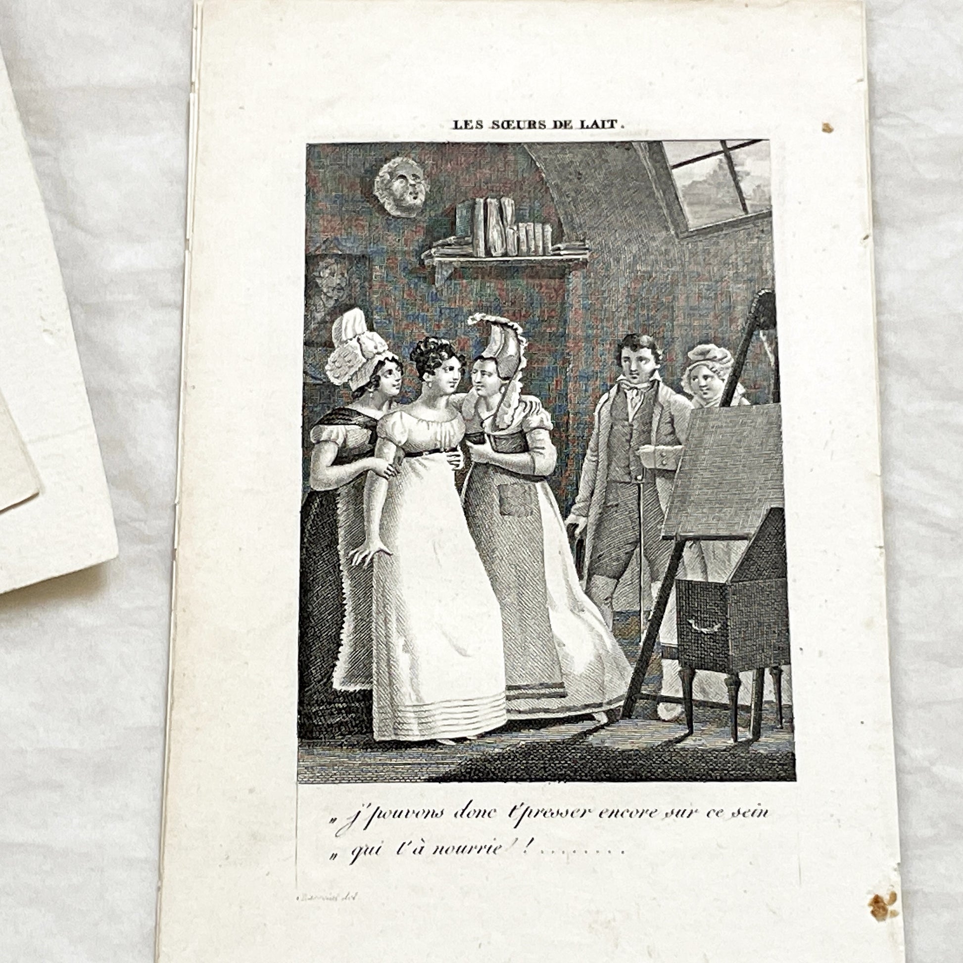 Early 19th - Antique French Print - Foster Sisters Reunion Engraving - Regency Fashion - Sentimental Bond - Historical Art