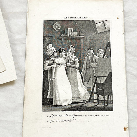 Early 19th - Antique French Print - Foster Sisters Reunion Engraving - Regency Fashion - Sentimental Bond - Historical Art