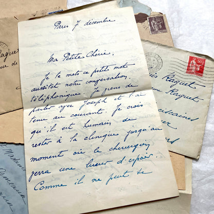 Lot of antique French letters from the 1930s, featuring handwritten notes, envelopes, and vintage stamps.