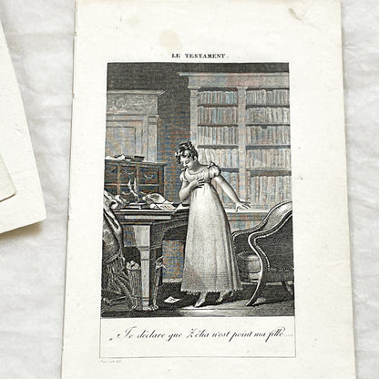 Early 19th - Dramatic Regency Era Engraving - Woman Reacting to a Will - French Historical Print - Emotional Interior Scene Art