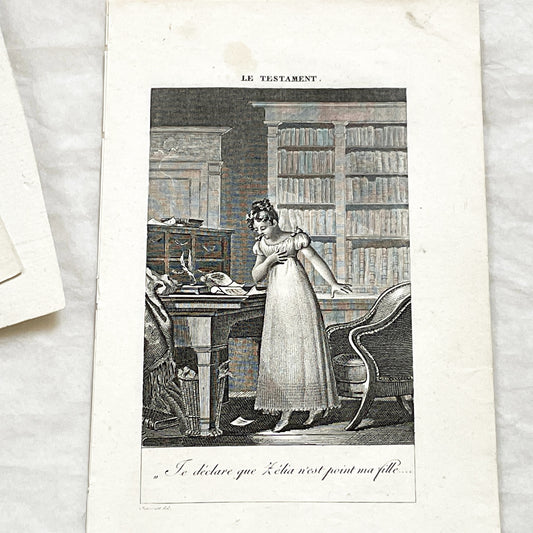 Early 19th - Dramatic Regency Era Engraving - Woman Reacting to a Will - French Historical Print - Emotional Interior Scene Art