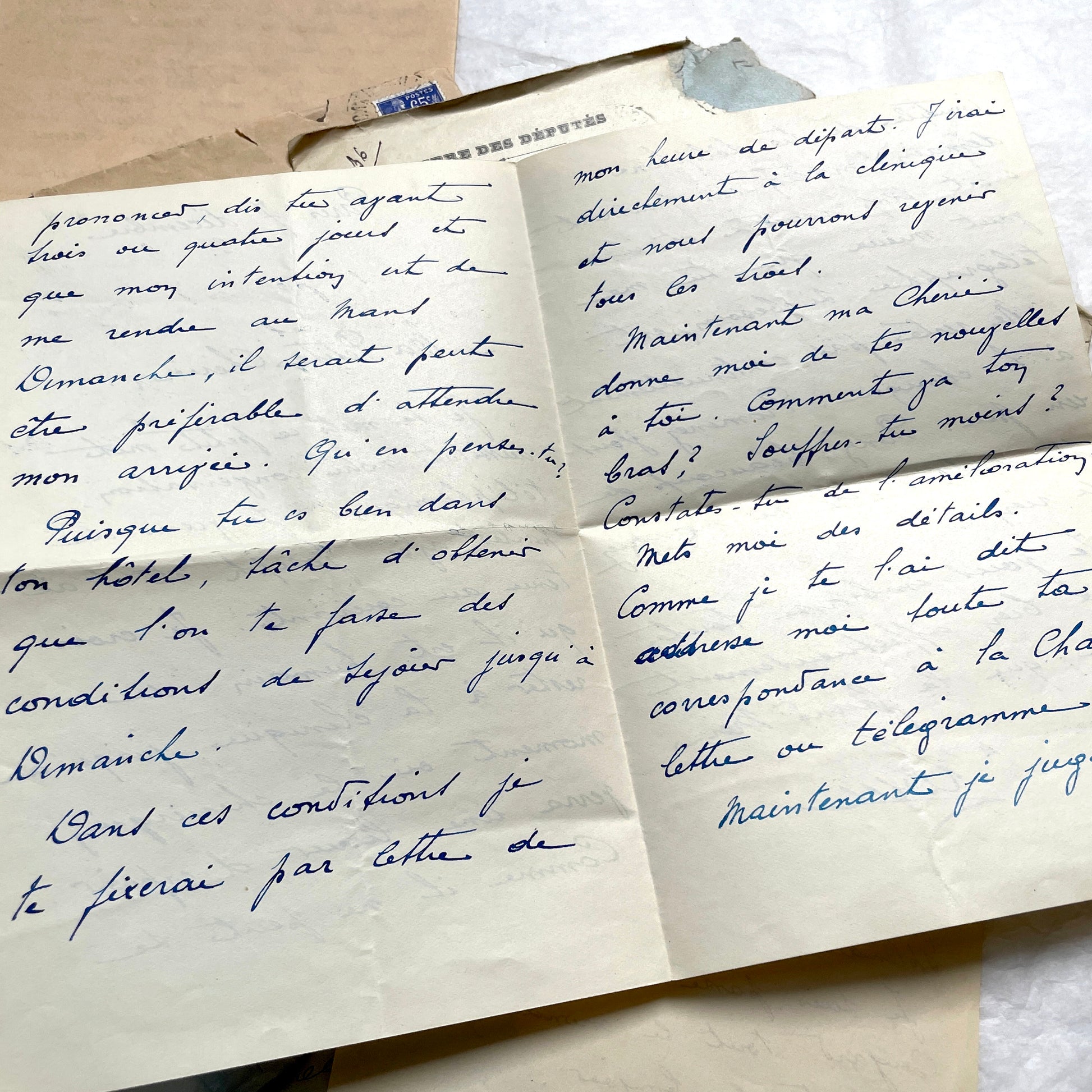 Lot of antique French letters from the 1930s, featuring handwritten notes, envelopes, and vintage stamps.