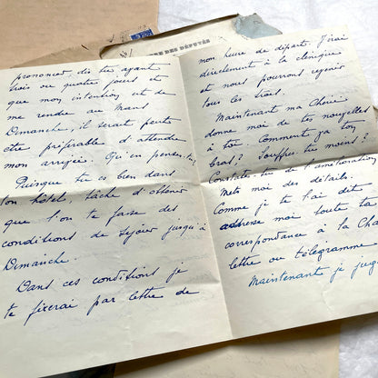 Lot of antique French letters from the 1930s, featuring handwritten notes, envelopes, and vintage stamps.