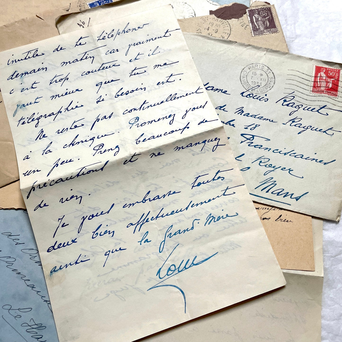Lot of antique French letters from the 1930s, featuring handwritten notes, envelopes, and vintage stamps.