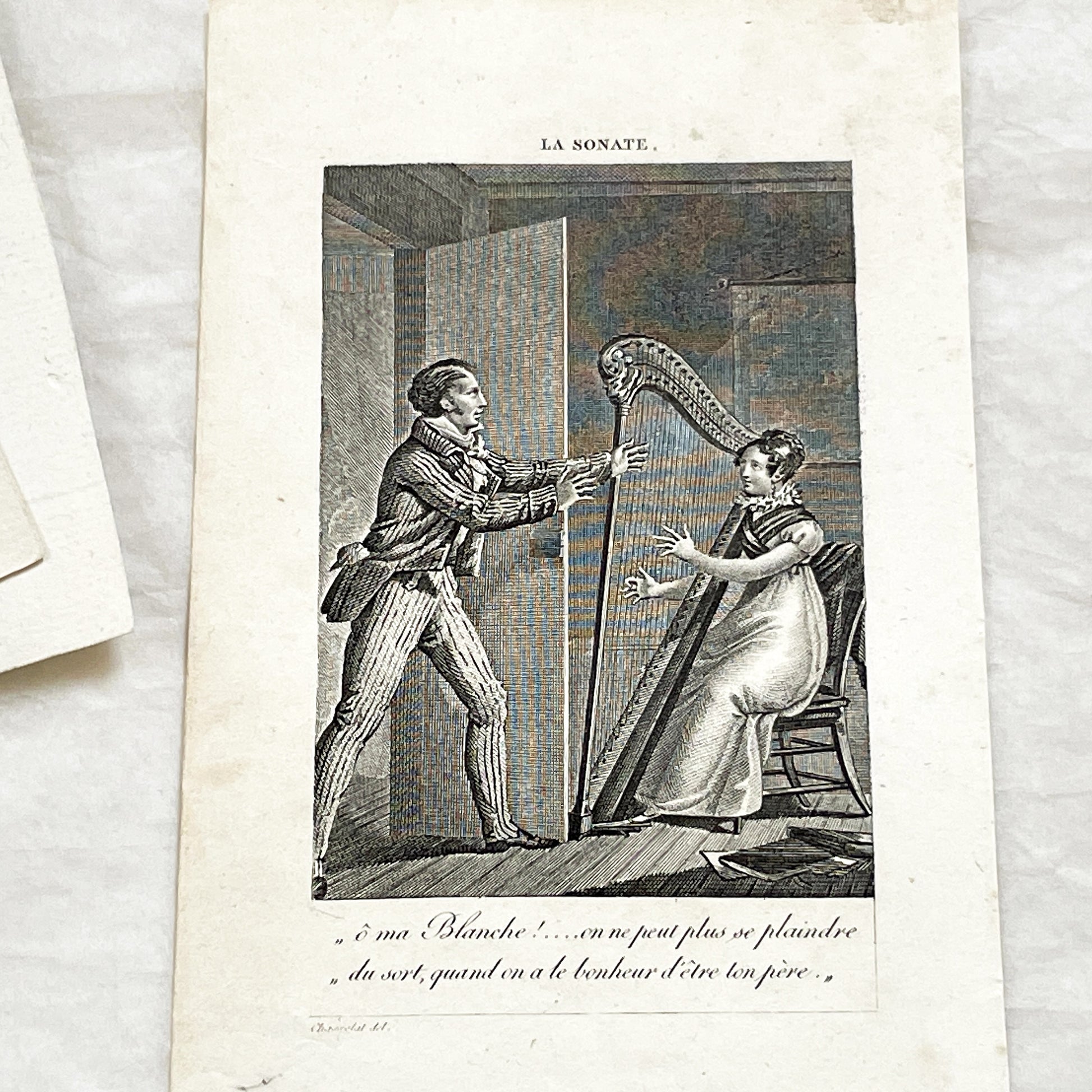 Early 19th - Chromo Print - Father and Daughter Musical Scene with Harp - Sentimental French Engraving - Romantic Period Collectible