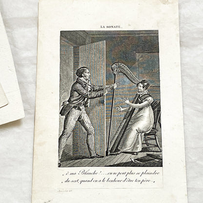 Early 19th - Chromo Print - Father and Daughter Musical Scene with Harp - Sentimental French Engraving - Romantic Period Collectible