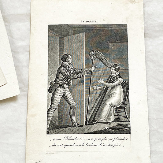 Early 19th - Chromo Print - Father and Daughter Musical Scene with Harp - Sentimental French Engraving - Romantic Period Collectible