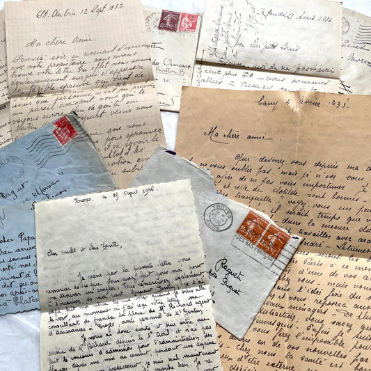 1930s French vintage letter lot with handwritten script, original stamps, and historical postmarks.