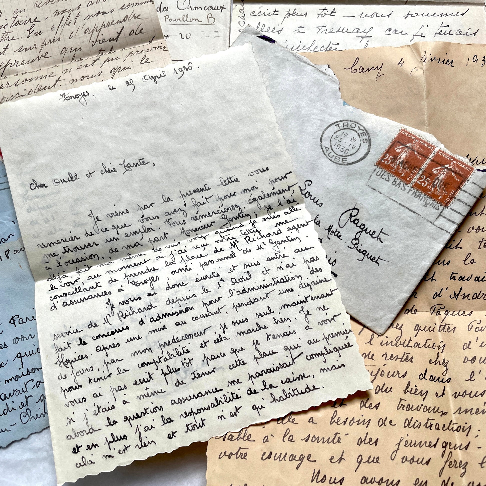 1930s French vintage letter lot with handwritten script, original stamps, and historical postmarks.
